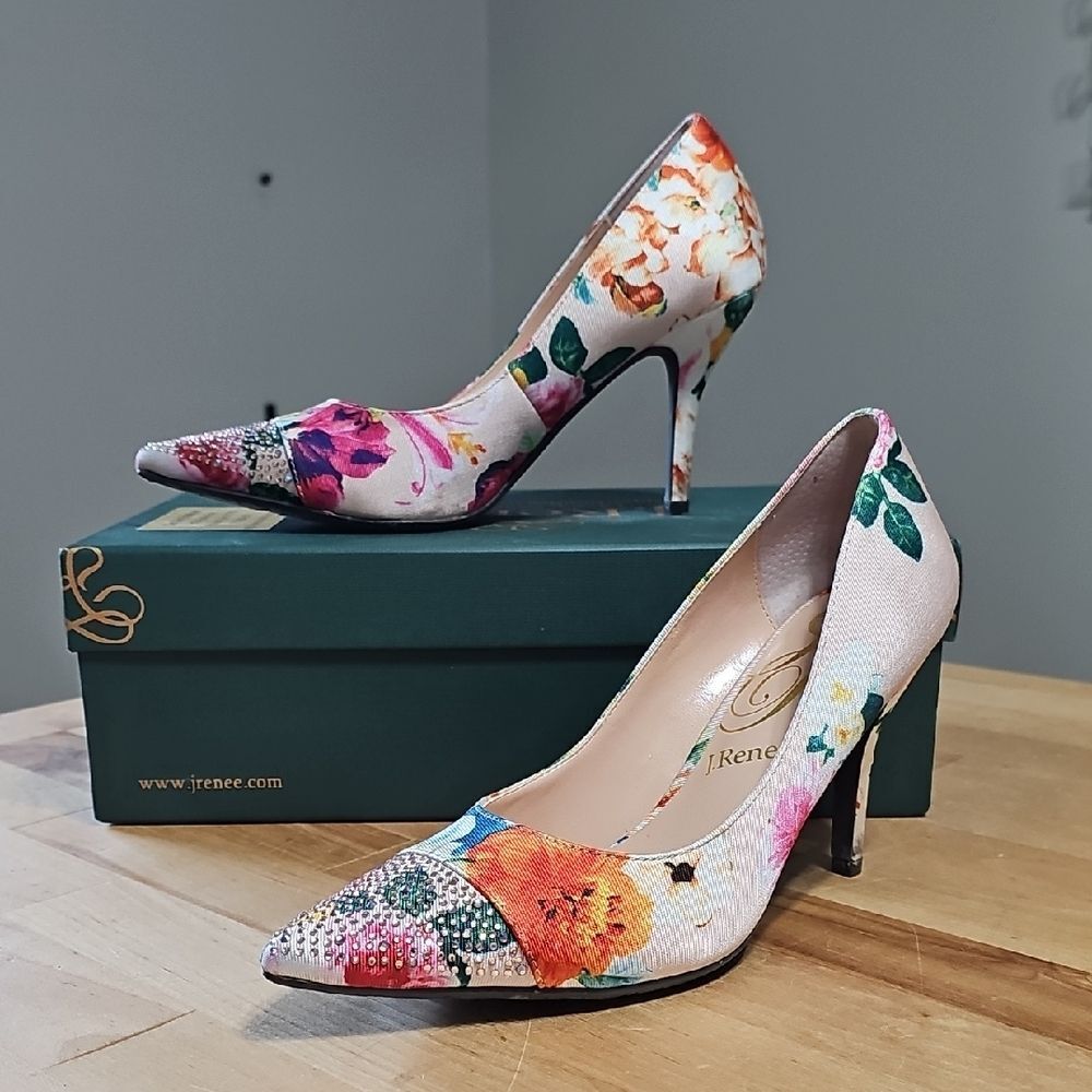 J Renee Weslie Floral Rhinestone Pointed Toe Pumps Heels Nude Multi 7.5